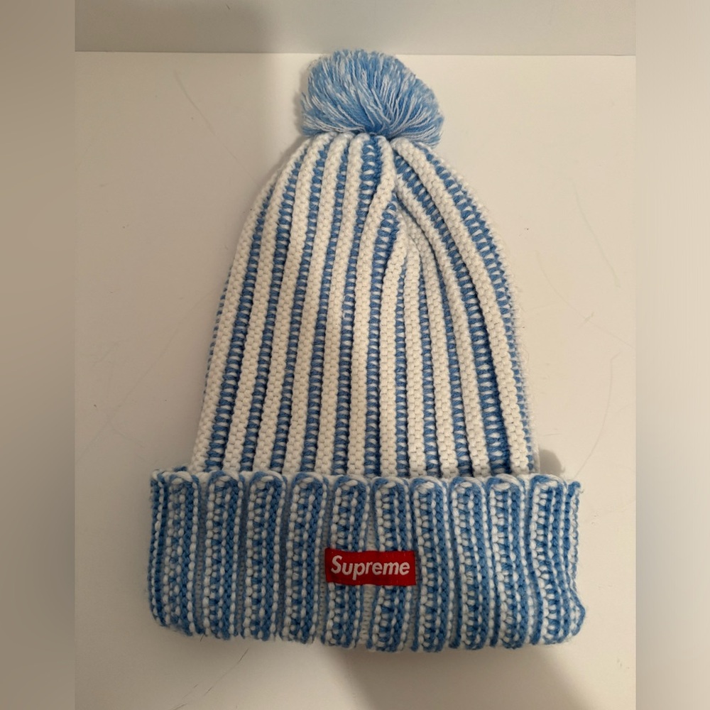 Supreme Pom Pom knit Beanie Hat Blue/White Striped One Size